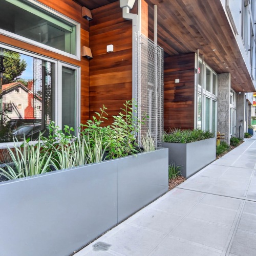 Sidewalk and exterior of modern apartment building