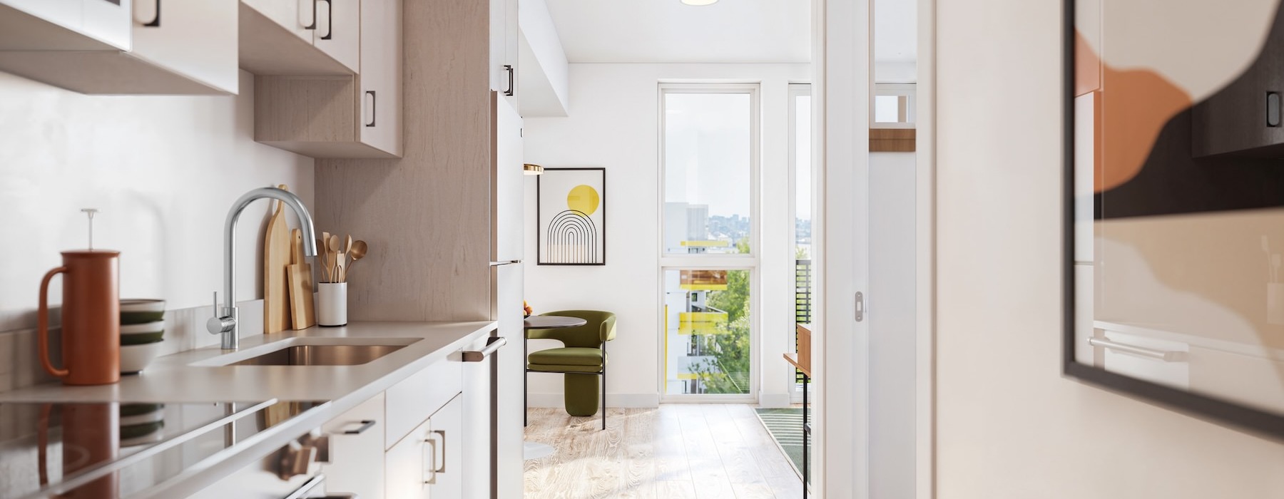 a kitchen with white cabinets
