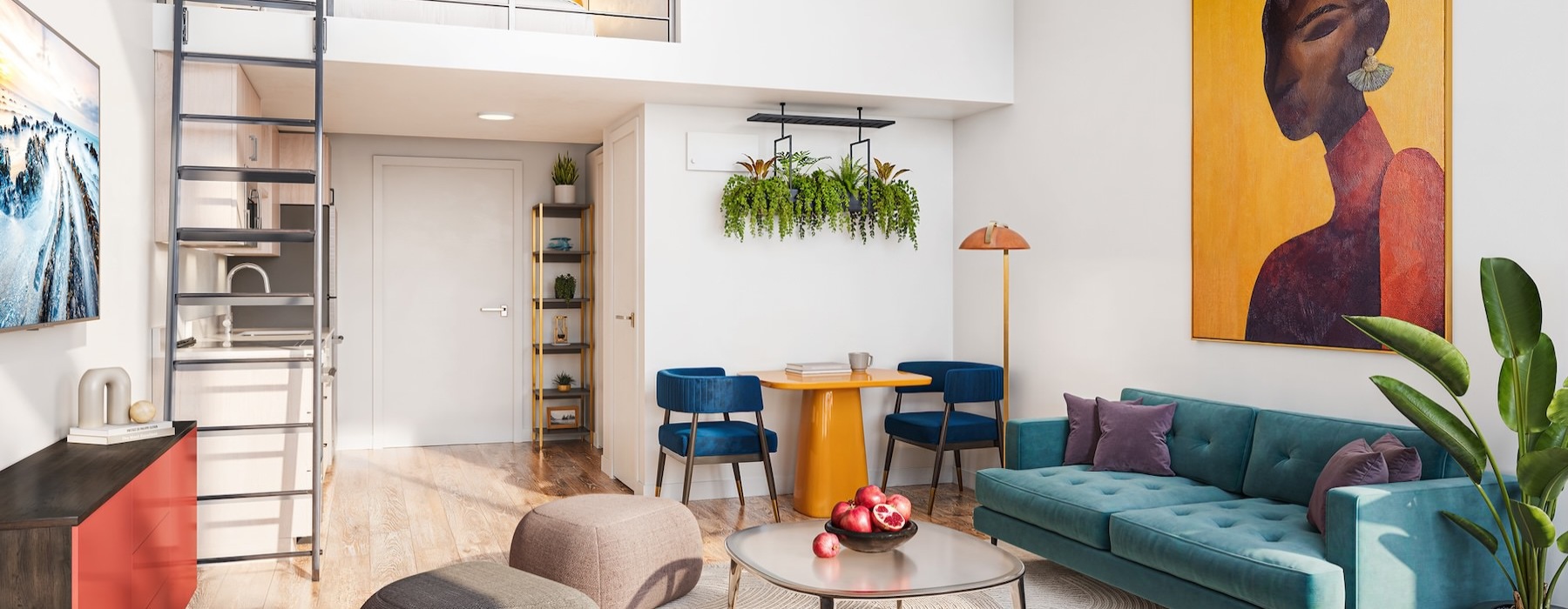 a living room with a couch, tables and chairs