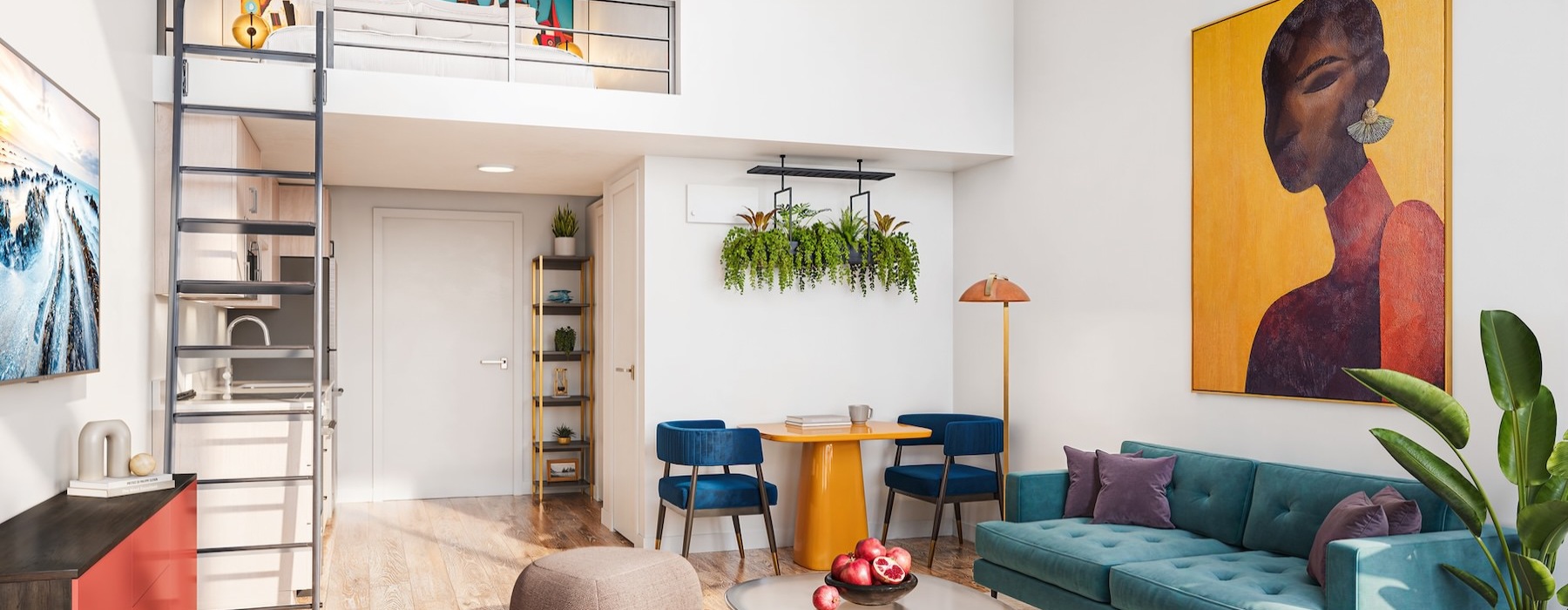 a living room with a couch, tables and chairs