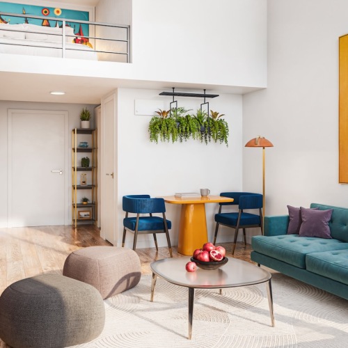 a living room with a couch, tables and chairs