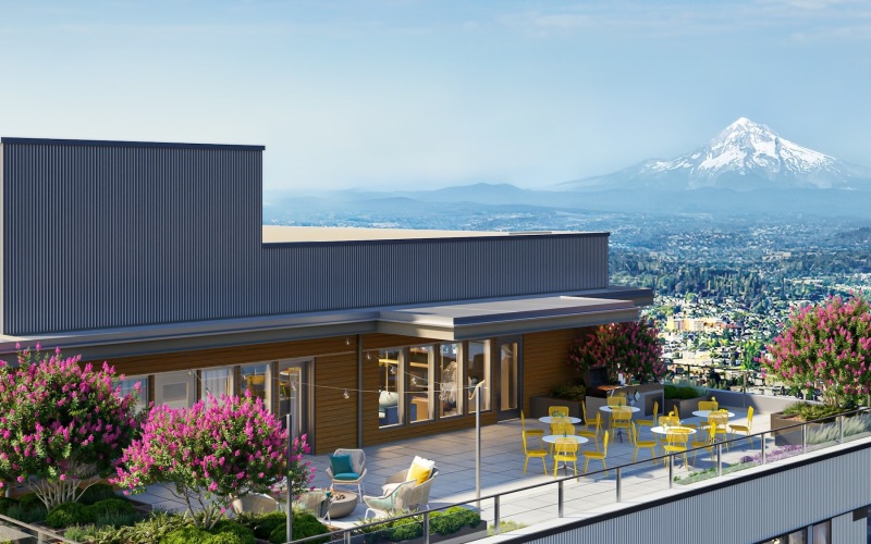 a rooftop balcony with a mountain in the background